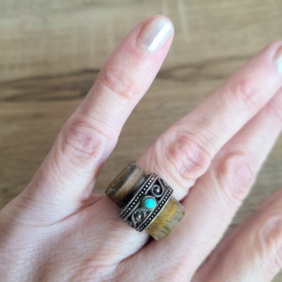 Sterling silver ring with Tiger eye stone and Turquoise. - Picture 4 of 10